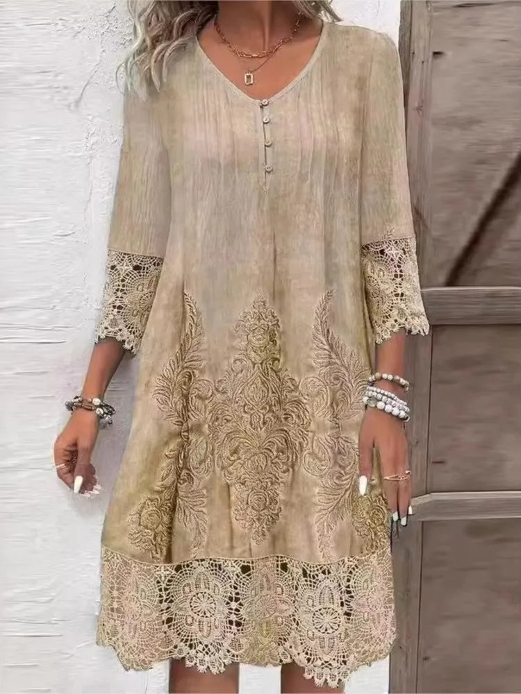 New Solid Color Lace Dress Spring Summer Women Fashion V-neck Button Loose Office Casual Dresses Female Holiday Robe Femme