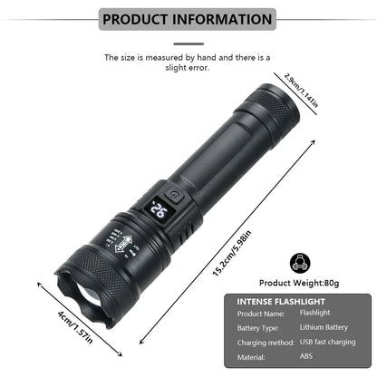 Hochleistungs-LED-Taschenlampe (2000 lm) mit Display, USB-Ladefunktion, ideal für Camping, Angeln und Notfälle.
