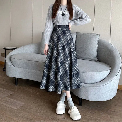 Coffee Wool Plaid Skirt for Women with High Waist Slim Skirt for A-line Midi-length Umbrella Skirt