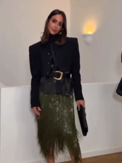 Retro Green Sequin Women Midi Skirt Chic High Waist Bodycon Long Shiny Sequined Bottom Lady Christmas Evening Party Club Skirts