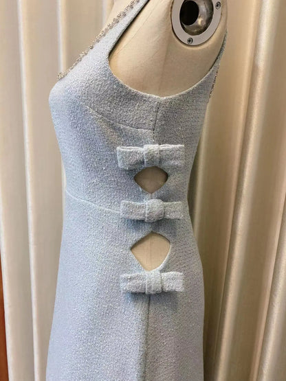 Autumn Winter Sexy Hollow Out Bow Beading Diamonds Chain Short Tweed Dress For Women Sleeveless Quality Prom Evening Dresses