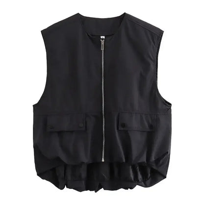 Women Fashion With Pockets Pleated Front Zipper Vest Sleeveless Jackets Vintage O-Neck Waistcoat Female Chic Tank Tops