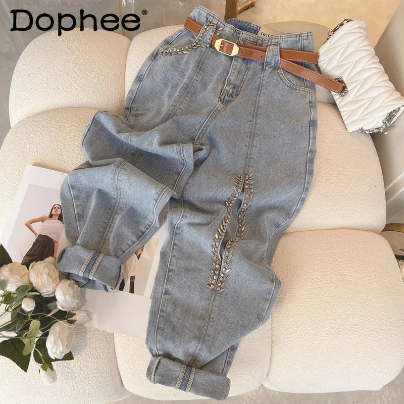 Hot Diamond Harem Jeans Women's 2022 New Summer Sexy Hollow Out High Waist Loose Slimming Denim Trousers Female Blue Baggy Pants