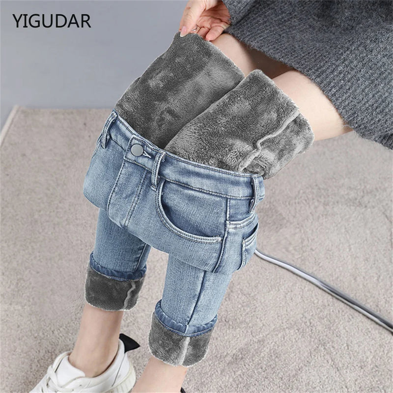 Winter Mid Waist Skinny Warm Jeans Women Plus Velvet Ankle Length Casual Thick Pencil Pants women clothing Fleece Denim Trousers