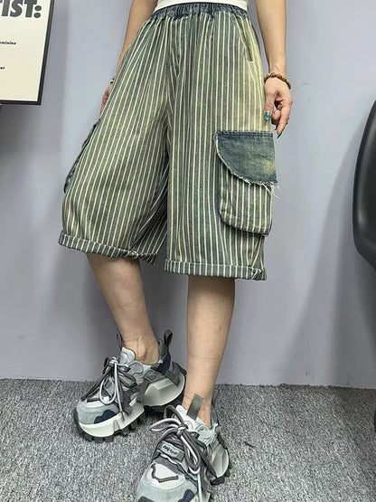 Amax luluE Summer Womens Fashion Striped Denim Pants Females Loose Leisure Elastic Waist Jeans Classic Vintage Luxury Trousers