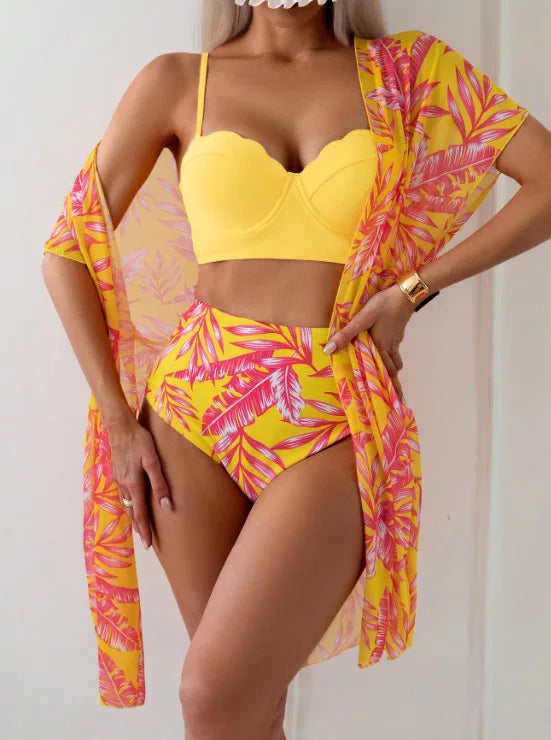 Elegant Printing 3 Piece Bikini Set Women Swimsuit Vintage High Waist Bikini Mesh Cover Up 2025 New Bathing Suit Biquini Female