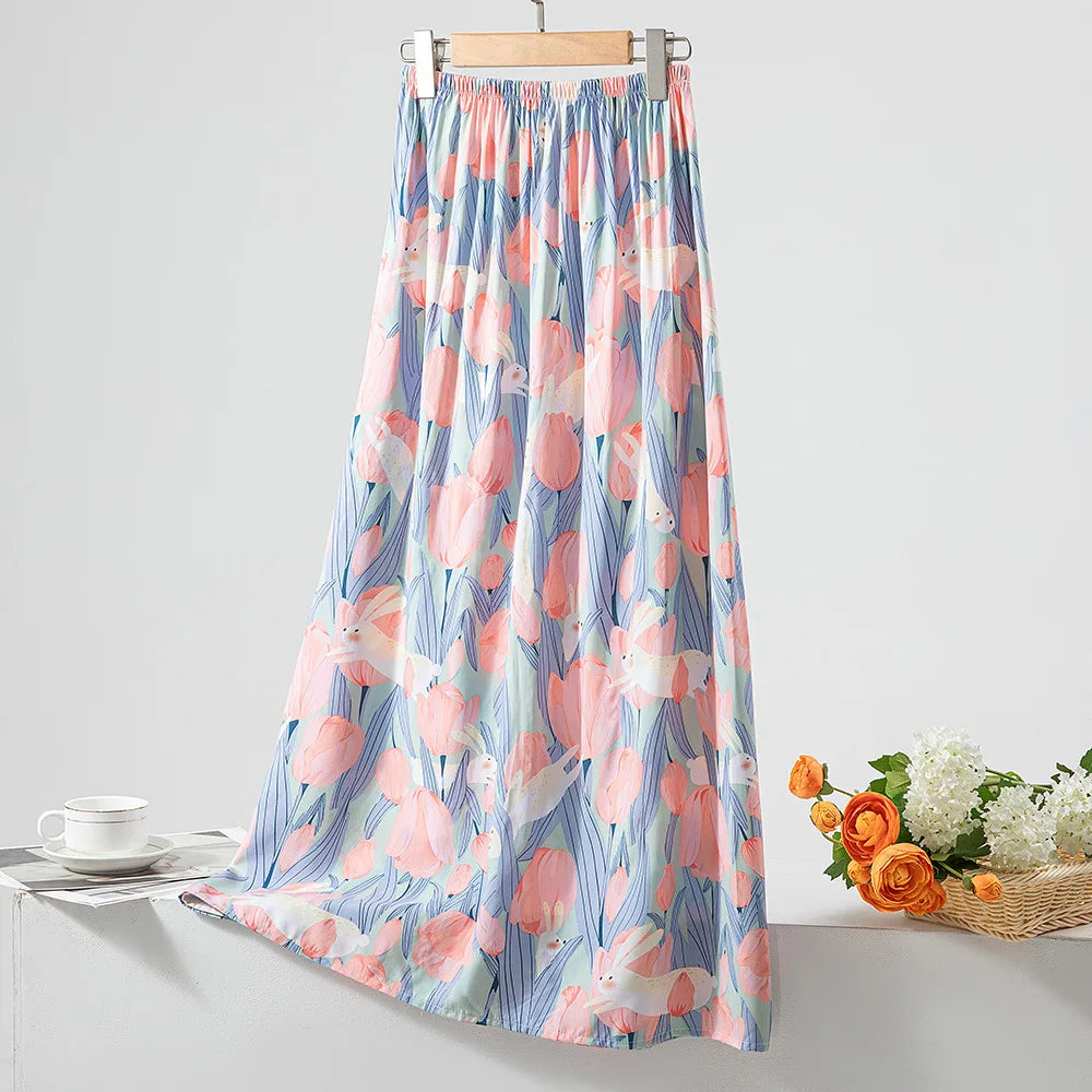 New 2024 Elegant Women Tulle Skirt Korean Fashion Boho Floral A Line Ladies Pleated Skirt Summer Chic High Waist Party Vestidos