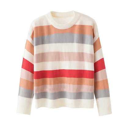 Multicolor Striped Crewneck Sweater Knit Pullovers Women Relaxed Fit Cozy Jumper Fall Winter Knitwear