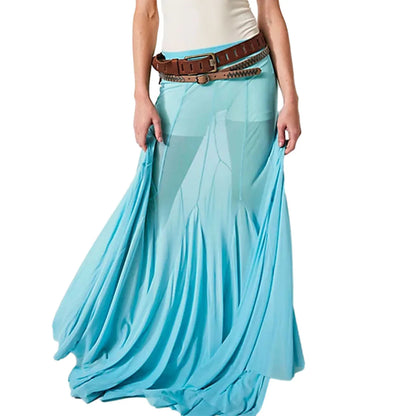 Fashion Women’s Mesh Sheer Long Skirts Elastic High Waist Ruffle Hem Flowy Skirts Casual A-line Midi Skirts