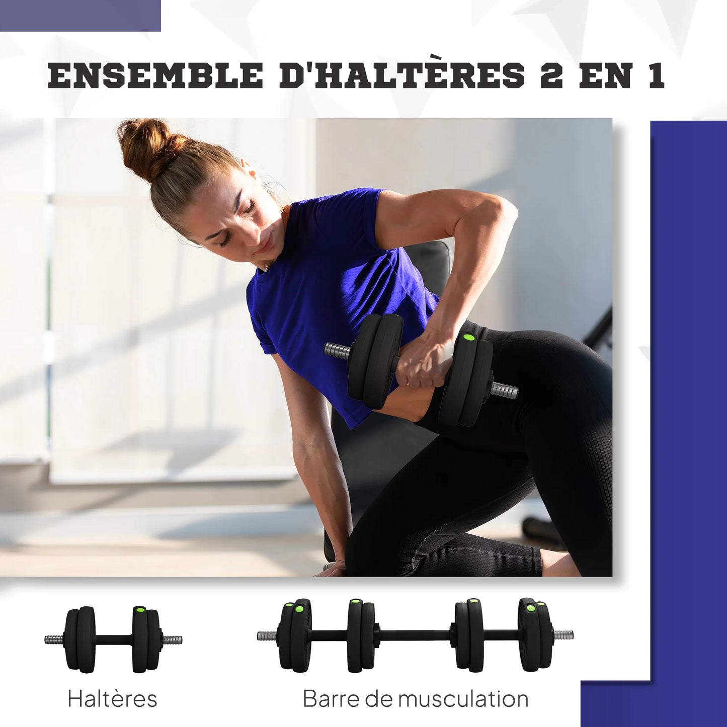 SPORTNOW dumbbells 2 In adjustable 1, free dumbbells with non-slip handles, 15KG-bars included-muscle training