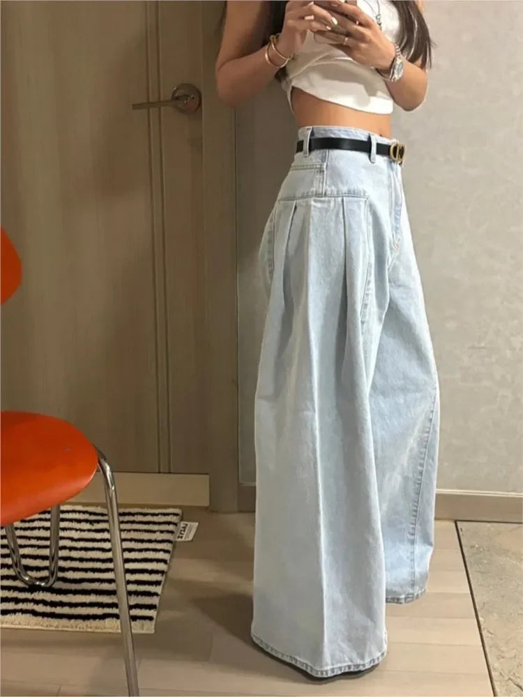 Jeans Spring Summer Long Wide Leg Pant Women High Waist Fashion Casual Korean Style Ladies Trousers Loose Pleated Woman Pants