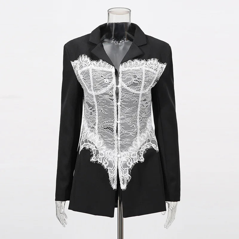 ZMEENNA Women's Black Blazer With White Lace Corset Detail Long Sleeve Formal Jacket For Evening Party Stylish ZM3540