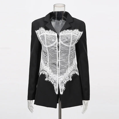 ZMEENNA Women's Black Blazer With White Lace Corset Detail Long Sleeve Formal Jacket For Evening Party Stylish ZM3540