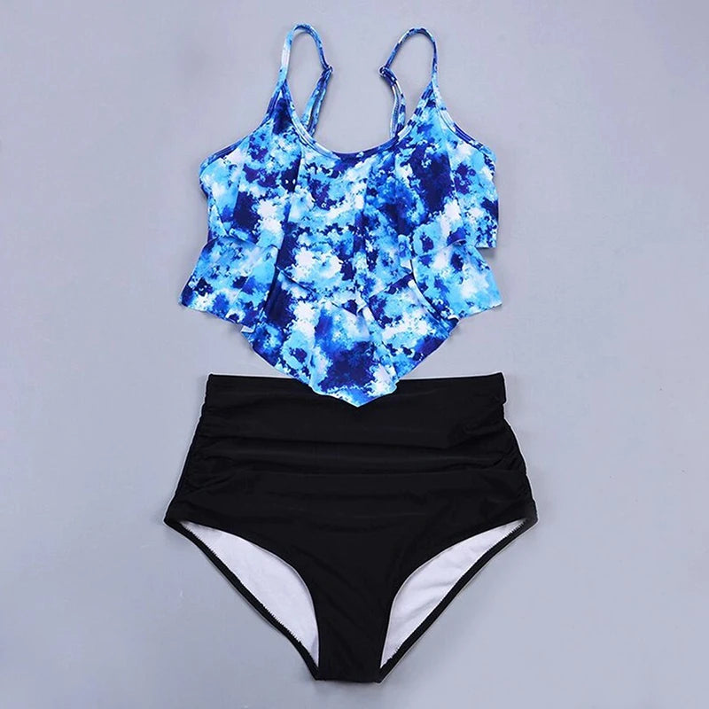 Bathing Suit Women Print 2 Piece Chic Layered Ruffles Suspender High Waist Bikini Summer 2025 New Casual Lady Beachwear Swimsuit
