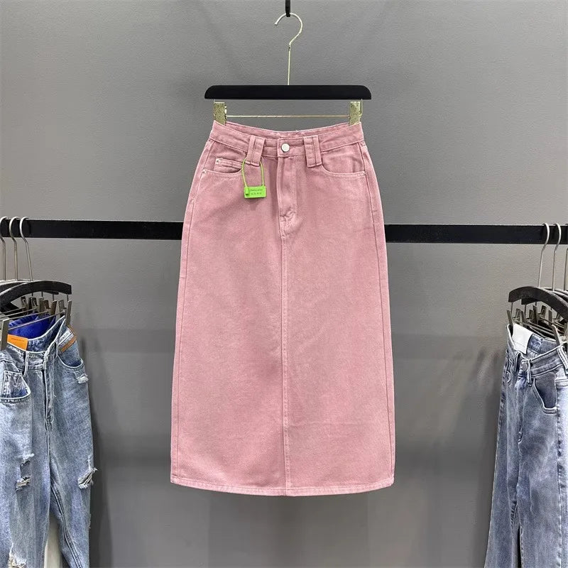 Women's High-waisted Denim Skirt 2026 New Pink A-shaped Back Split Hip Wrap Long Skirt