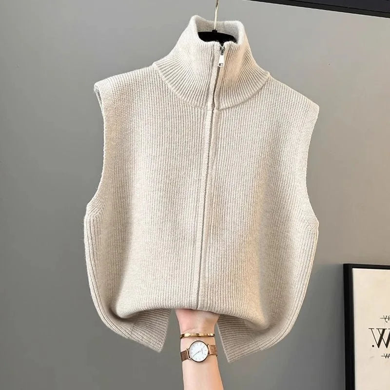 High Collar Zipper Knitted Open Cardigan Vest Women's Loose Layering Jacket Sweater Shoulder Pad Spring Autumn Winter New Style