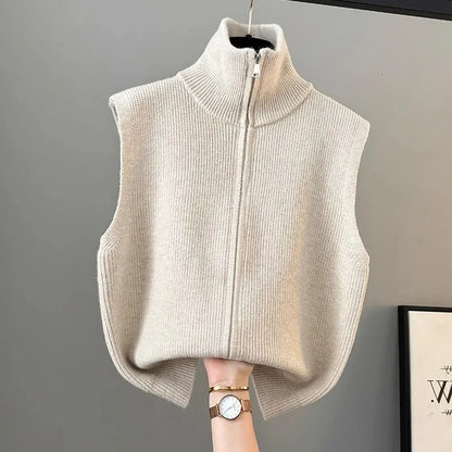 High Collar Zipper Knitted Open Cardigan Vest Women's Loose Layering Jacket Sweater Shoulder Pad Spring Autumn Winter New Style