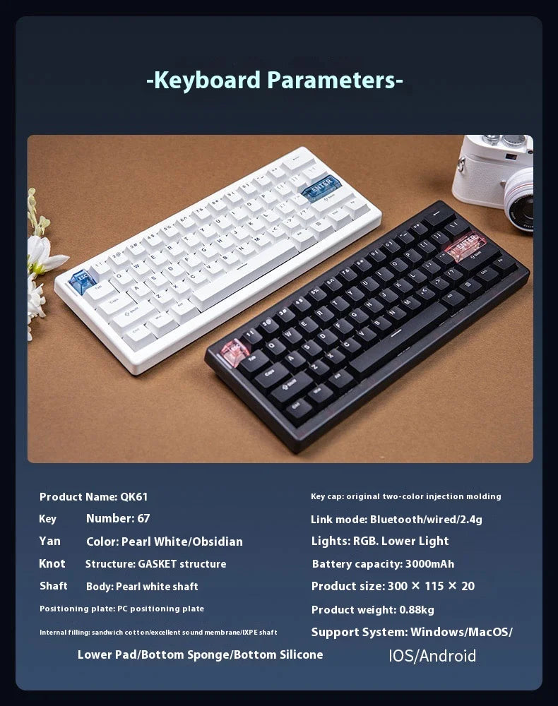 CIDOO QK61 V2 Mechanische Tastatur, 60%-Layout, Gasket-Struktur, VIA-programmierbar, Hot-Swap-fähig, drei Modi, kabellos, RGB-Tastatur