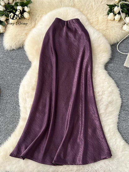SINGREINY Senior Solid Satin Skirt Elastic Waist 2025 Newest Frence Elegant Women Fashion Basics Office Lady Skinny Midi Skirt