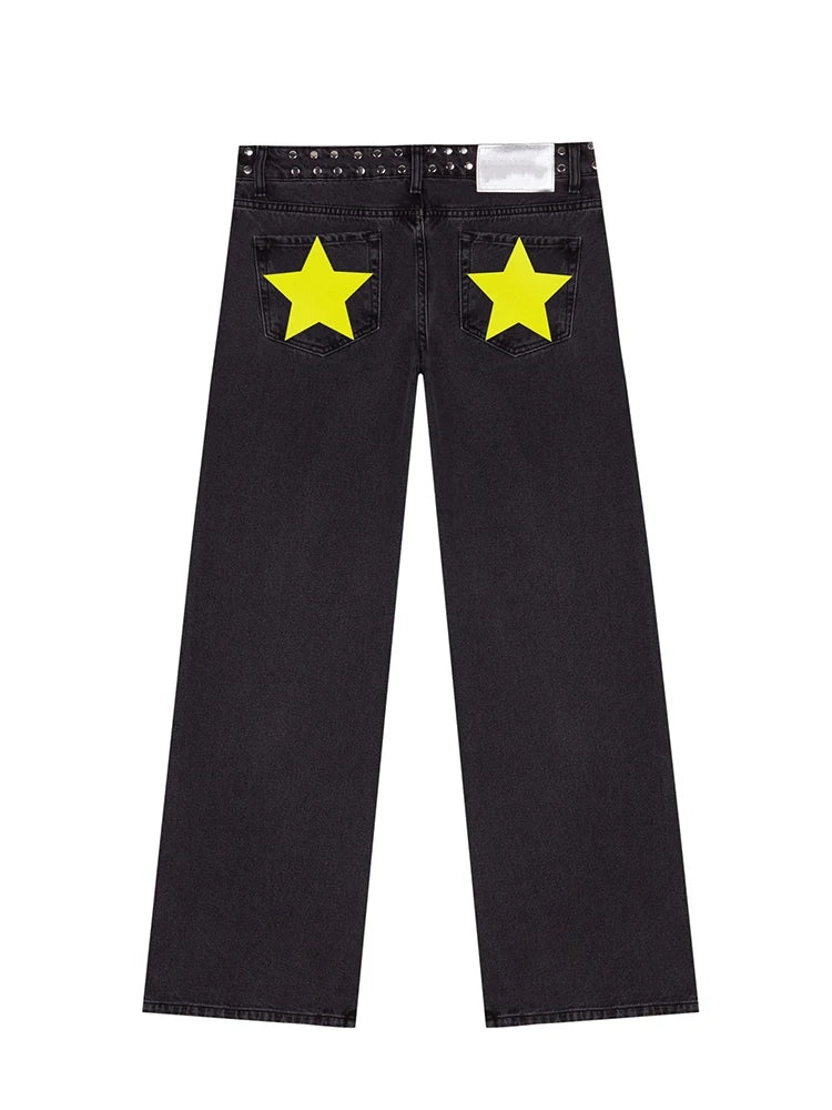 Y2K Vintage Jeans Women High Waisted Denim Pants Five Pointed Star Print Harajuku Street Baggy Casual Straight Leg Trousers
