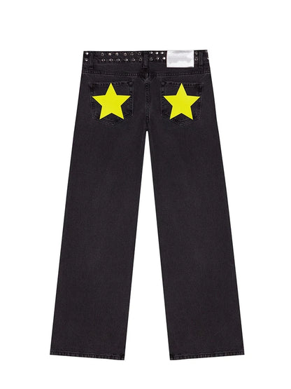 Y2K Vintage Jeans Women High Waisted Denim Pants Five Pointed Star Print Harajuku Street Baggy Casual Straight Leg Trousers