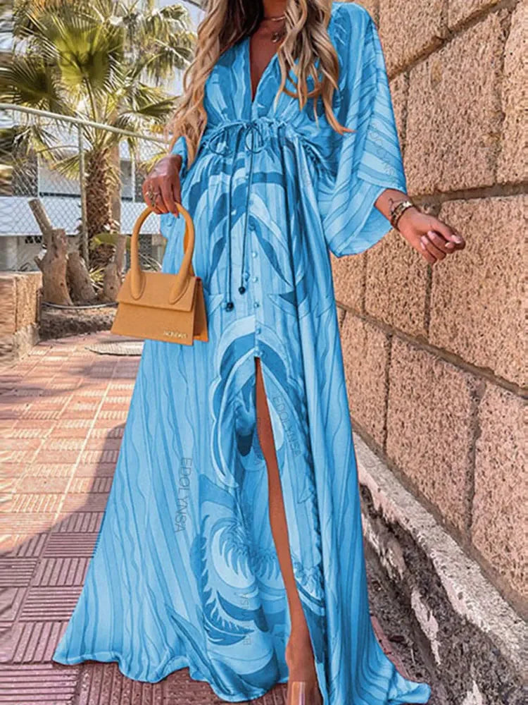 Bikini Cover-ups Boho Print Long Dress Self Belted Sexy Beach Tunic 2023 Summer Women Beach Wear Swim Suit Cover Up A932