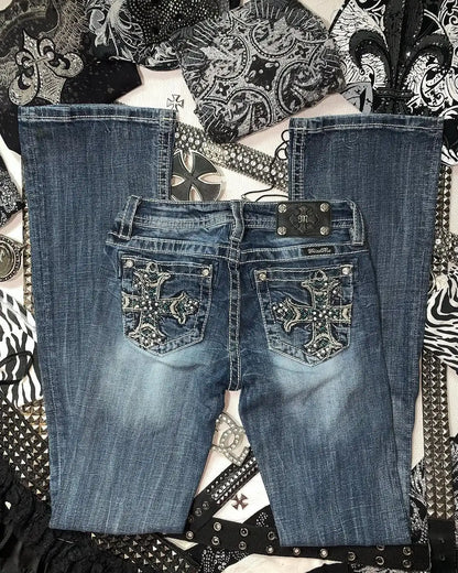 Y2k Retro Gothic High Waited Jeans Hot Diamond Embroidery Pattern Blue Jeans Woman Hip Micro Horn Baggy Jeans Street Clothing