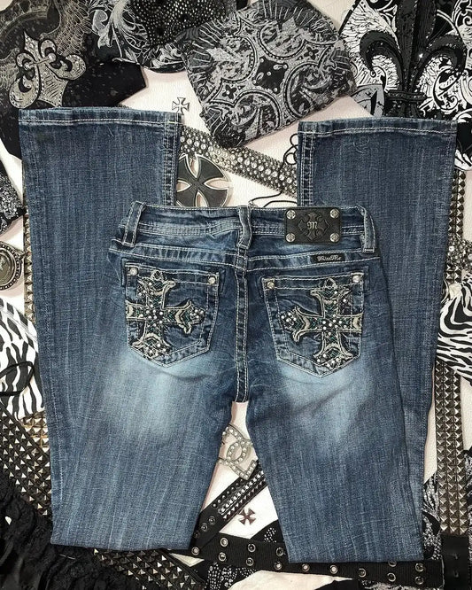 Y2k Retro Gothic High Waited Jeans Hot Diamond Embroidery Pattern Blue Jeans Woman Hip Micro Horn Baggy Jeans Street Clothing