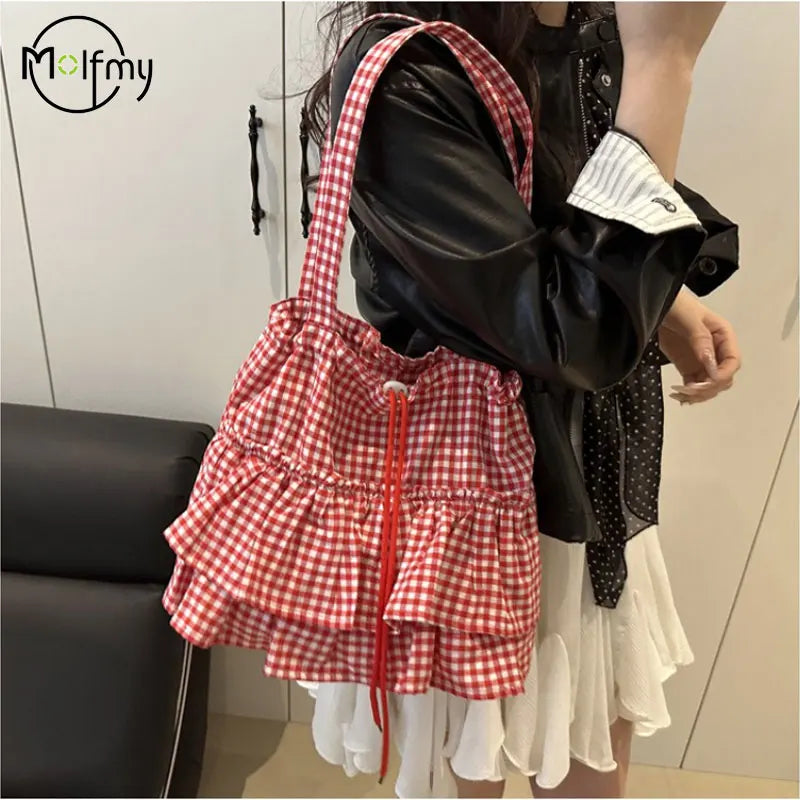 Women's Tote Bag Ruffles Plaid Drawstring Handbag Women Fashion Canvas Shoulder Bags	Large Capacity Korean Bags Bolsos De Mujer