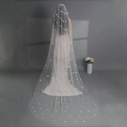 G83 Pearls Wedding Veil 3D Flowers Bridal Veils 1 Tiers Beaded Soft Tulle with Comb Long Wedding Accessories for Bride