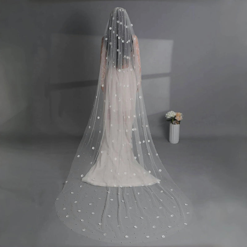 G83 Pearls Wedding Veil 3D Flowers Bridal Veils 1 Tiers Beaded Soft Tulle with Comb Long Wedding Accessories for Bride