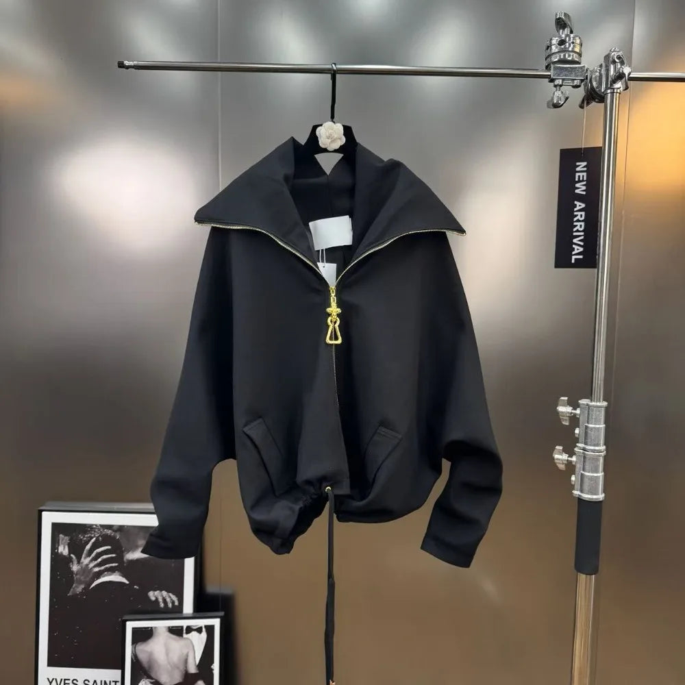 CHICEVER Solid Temperament Loose Sweatshirt for Women Lapel Spliced Zipper Long Sleeve Basics Fashionable Jackets Female Autumn