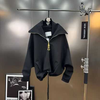 CHICEVER Solid Temperament Loose Sweatshirt for Women Lapel Spliced Zipper Long Sleeve Basics Fashionable Jackets Female Autumn