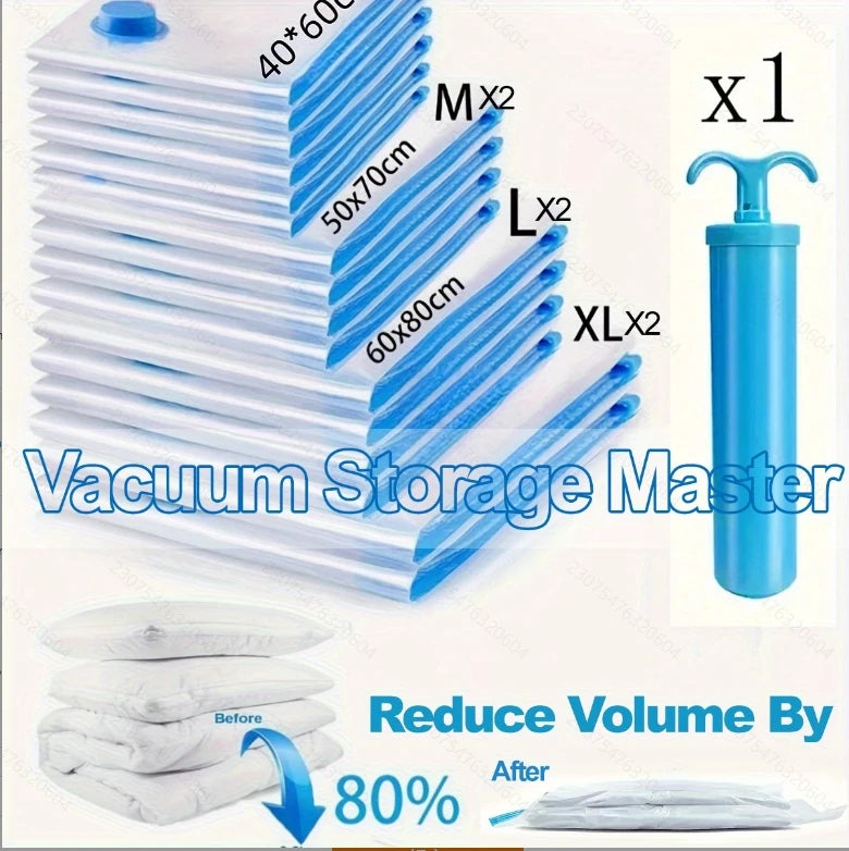 2/3/7 Pcs Vacuum Storage Bags for Clothes/Duvets, Heavy Duty with Hand Pump, Space Saver, Airtight, Reusable, Travel, Packing Cu