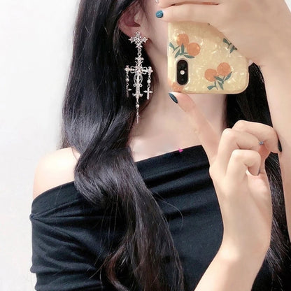 Korean Novel Trend Luxury Palace Style Silver Gold Crystal Pearl Crossed Dangle Earrings for Women Elegant Party Jewelry
