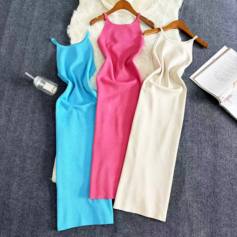 Sexy Summer Knit Strap Dress Women Halter Elatic Waist Bodycon Sundress Female Beach Solid Maxi Long Dress