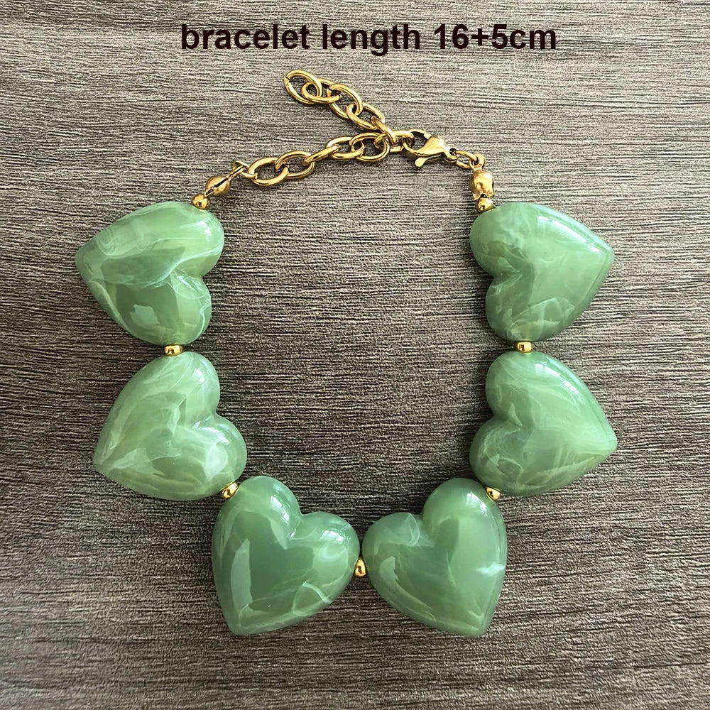 Big Love Heart Necklace Women Choker Statement Bracelet Gold Color Acrylic Beads Stainless Steel PVD Waterproof White Beige Red