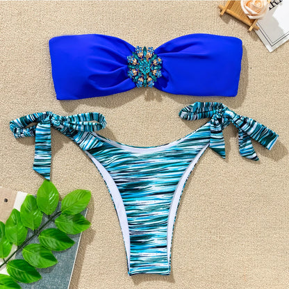 Rhinestone Flower Accessories Swimsuit Women 2023 2-piece Mini Bikini Sexy Strapless Backless Bathing Suit Summer Beach Swimwear