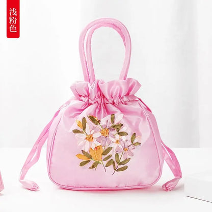 Women Bucket Bag Top Handle Ladies Handbag Phone Bag Summer Small Purse National Style Embroidered Flower Pattern Drawstring Bag