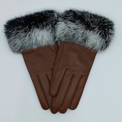 2025 Women Winter Warm Genuine Sheep Leather Glove With Real Fur Trimming Female Warm Real Leather Fur High Quality Mittens