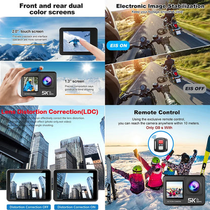 Action Camera 5K 4K60FPS 50MP 2.0 Touch EIS Pre-Record Wireless Mic Wi-Fi 170D DVR Webcam Waterproof 30M 5X Zoom Sports Camera