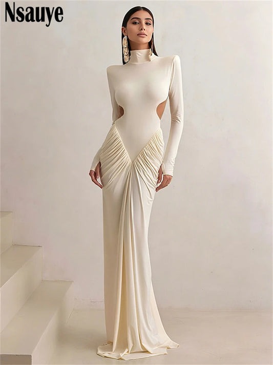Nsauye Fashion Elegant Long Sleeve Pullover Sexy Long Sleeve Club Evening Party Maxi Dress Women Turtleneck 2025 Cut Out Dress