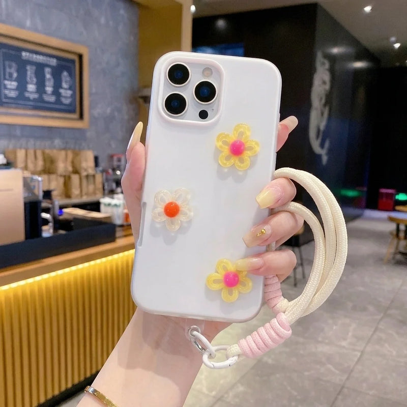 White With 3D Diy Colorful Flower Lanyard Phone Case For Xiao Mi 15T 14T Pro 17 Pro Max 15 Pro 11 Lite 5G Shockproof Soft Funda