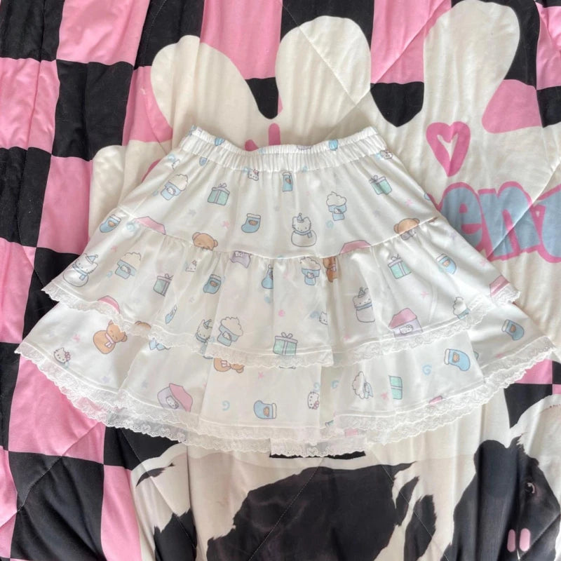 Japanese Kawaii Lolita Mini Skirt Women Cartoon Print Jupe Faldas Mujer De Moda A-line Pleated Skirt Patchwork Lace Cake Skirt