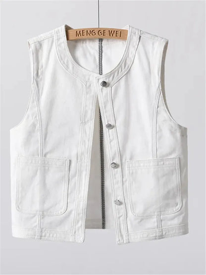 Denim Vest Women's Fashion 2025 New Spring Summer Thin Waistcoat Sleeveless Jacket Top White Cardigan Female Outerwear