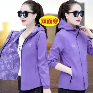 Double-Sided Wear Hooded Windbreaker Women Coat 2025 New Spring Autumn Korean Fashion Loose Jacket Female Mom Outwear Tops T947
