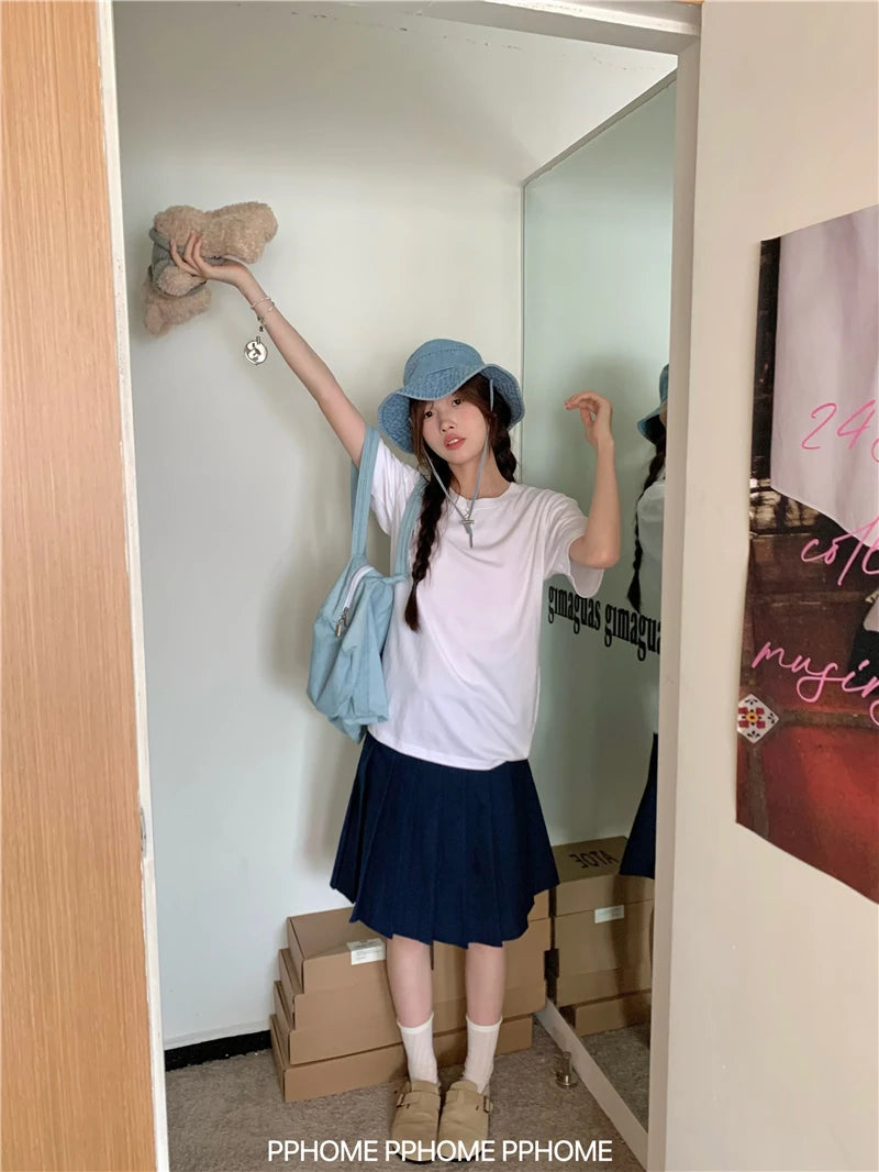 Women's Summer Streetwear Knee Length Pleated Skirt Lady School Style High Waist A Line Mid Length Skirt