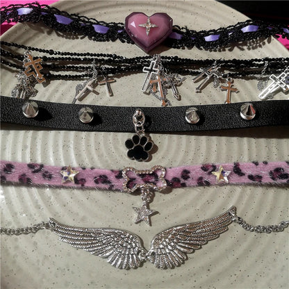 Goth Y2K Angel Wing Feather Star Cross Heart Cat Claw Pendant Bead Chain Choker Necklace For Women Harajuku Jewelry Accessories