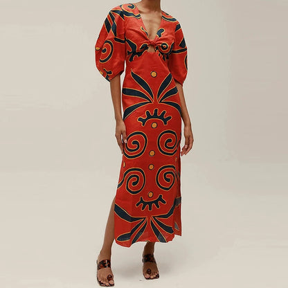 Puff Sleeves High Waist Slim Fit Women's Long Dress Vintage Side Split Holiday Dress Low Cut V Neck Pattern Printed A-line Dress