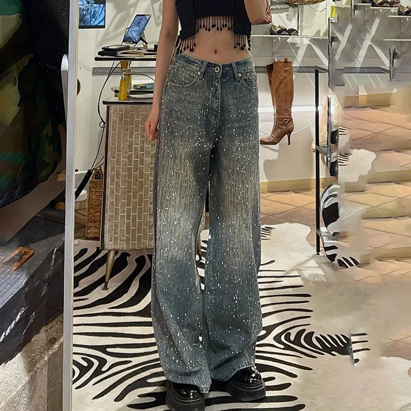 New Women's Perrusted Jeans, Starry Sky Patchwork Denim Trousers Spring Autumn Female Design With A Shiny Floor-length Pants